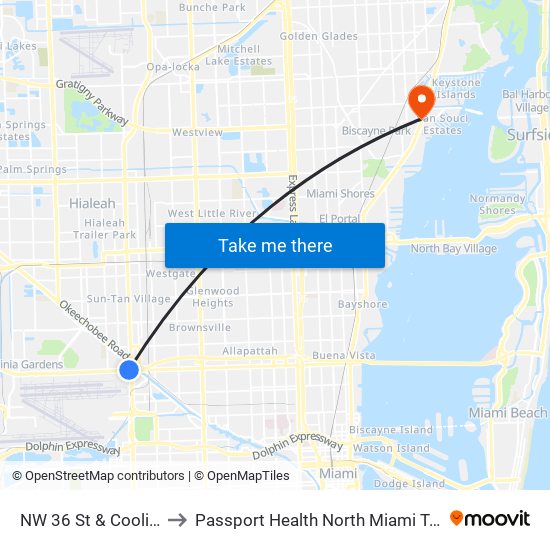 NW 36 St & Coolidge Dr to Passport Health North Miami Travel Clinic map