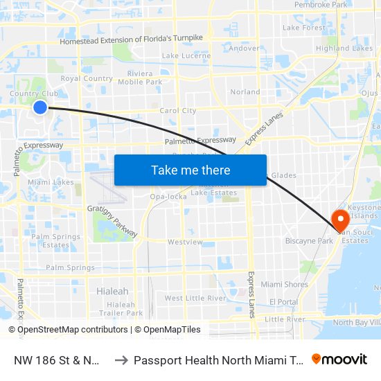 NW 186 St & NW 68 Av to Passport Health North Miami Travel Clinic map