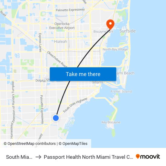 South Miami to Passport Health North Miami Travel Clinic map