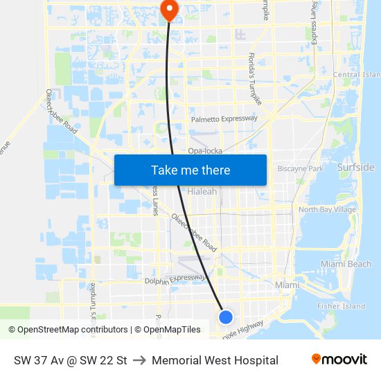 SW 37 Av @ SW 22 St to Memorial West Hospital map