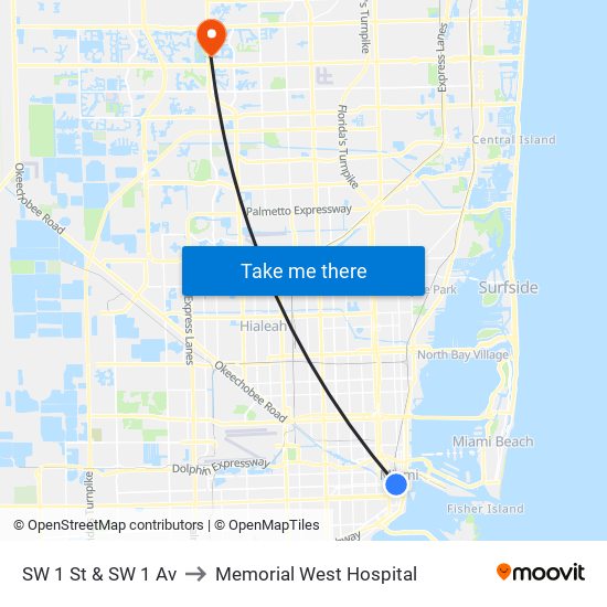 SW 1 St & SW 1 Av to Memorial West Hospital map