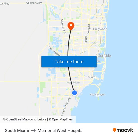 South Miami to Memorial West Hospital map