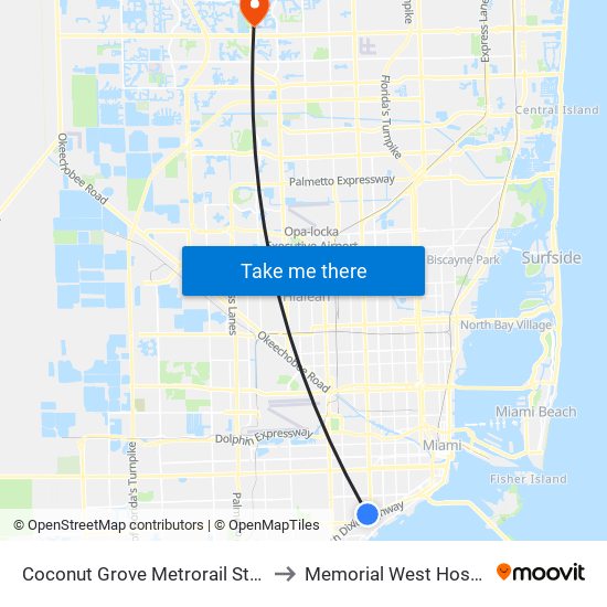 Coconut Grove Metrorail Station to Memorial West Hospital map