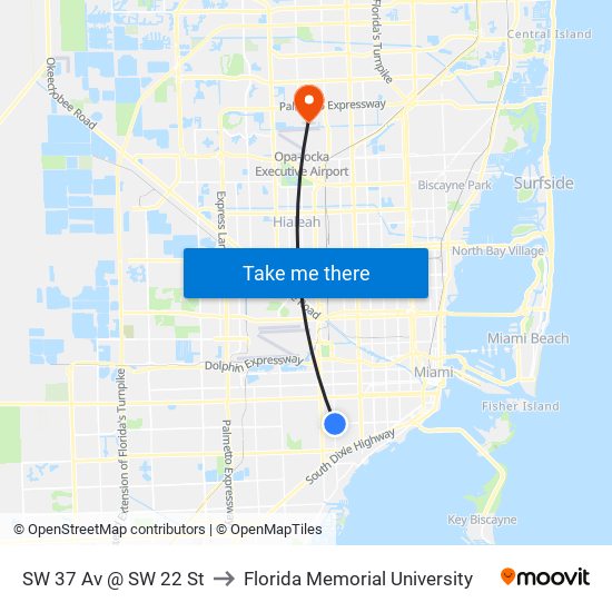 SW 37 Av @ SW 22 St to Florida Memorial University map