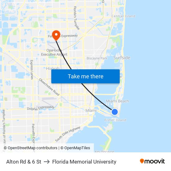 Alton Rd & 6 St to Florida Memorial University map