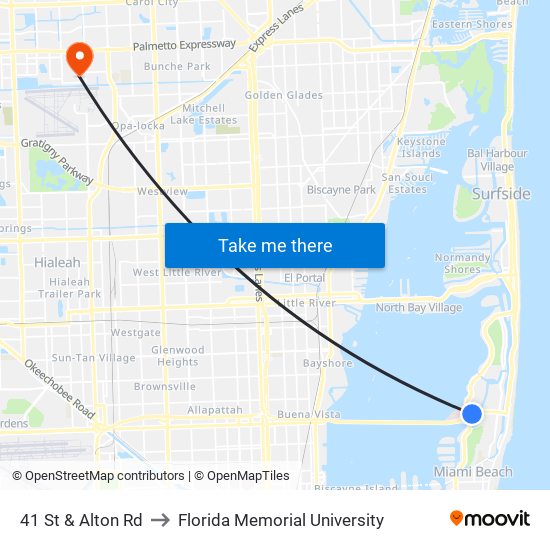 41 St & Alton Rd to Florida Memorial University map