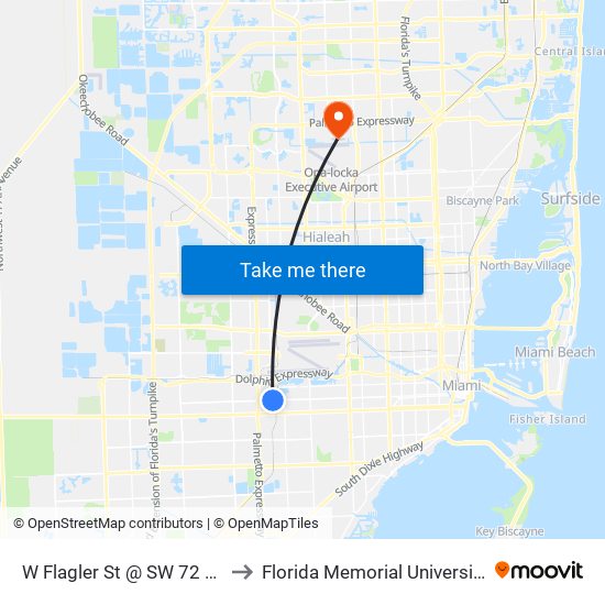 W Flagler St @ SW 72 Av to Florida Memorial University map