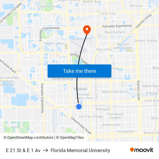 E 21 St & E 1 Av to Florida Memorial University map