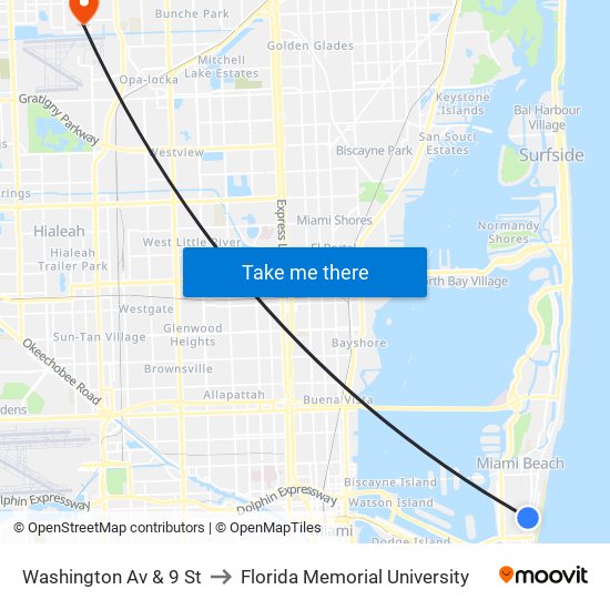 Washington Av & 9 St to Florida Memorial University map