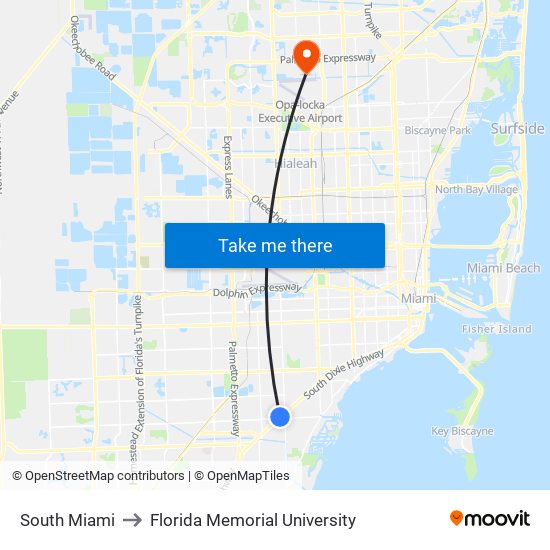 South Miami to Florida Memorial University map