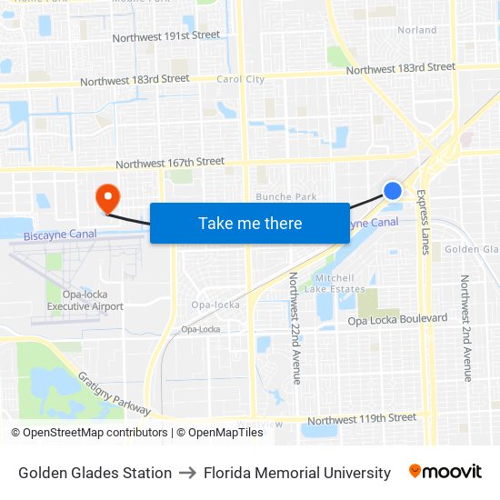 Golden Glades Station to Florida Memorial University map