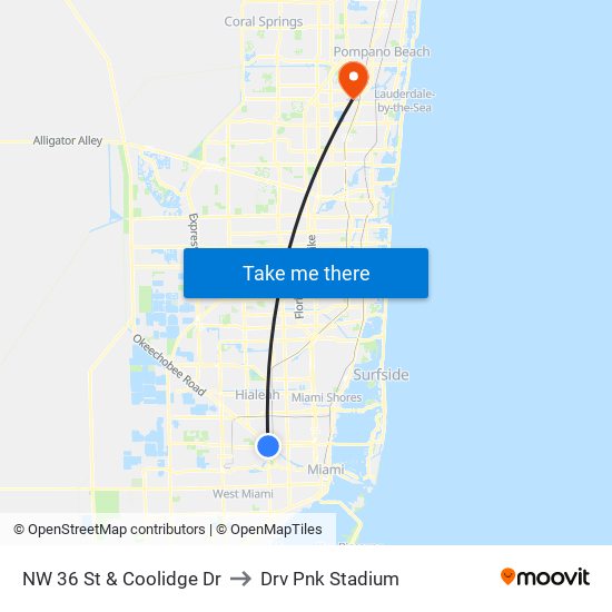 NW 36 St & Coolidge Dr to Drv Pnk Stadium map