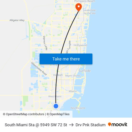 South Miami Sta @ 5949 SW 72 St to Drv Pnk Stadium map