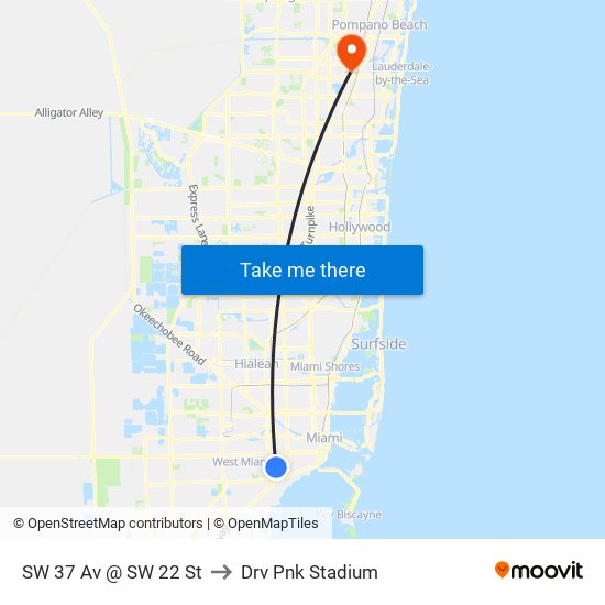 SW 37 Av @ SW 22 St to Drv Pnk Stadium map