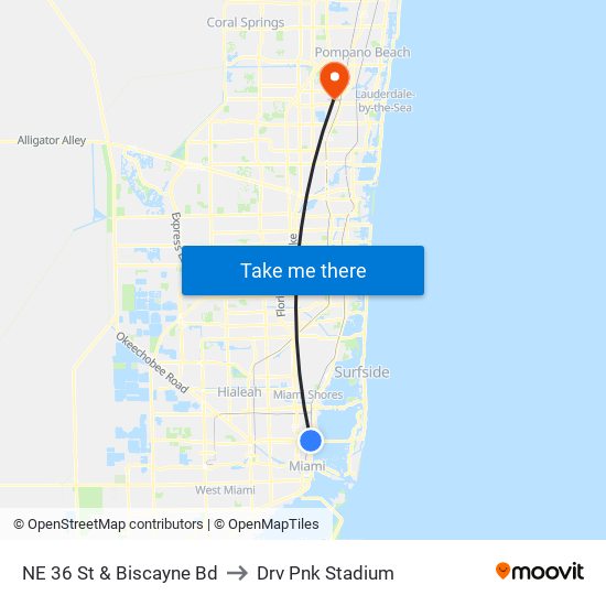 NE 36 St & Biscayne Bd to Drv Pnk Stadium map