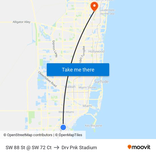 SW 88 St @ SW 72 Ct to Drv Pnk Stadium map