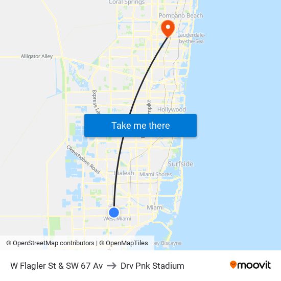 W Flagler St & SW 67 Av to Drv Pnk Stadium map