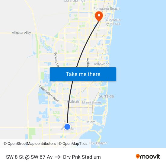 SW 8 St @ SW 67 Av to Drv Pnk Stadium map