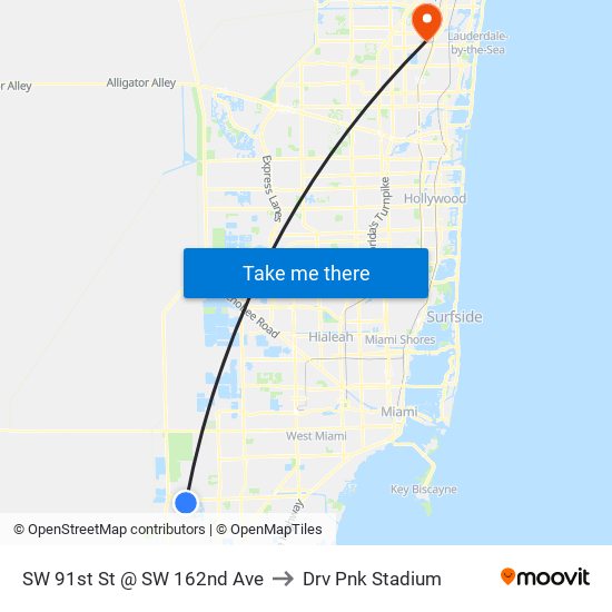 SW 91st St @ SW 162nd Ave to Drv Pnk Stadium map