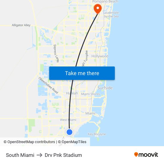 South Miami to Drv Pnk Stadium map