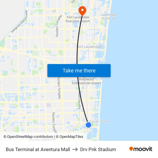 Bus Terminal at Aventura Mall to Drv Pnk Stadium map