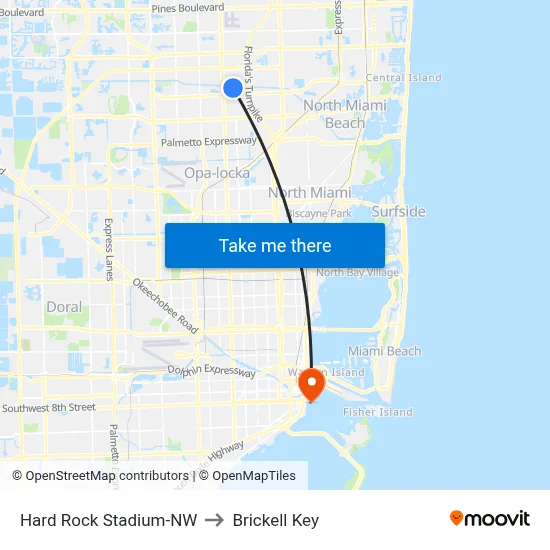Hard Rock Stadium-NW to Brickell Key map