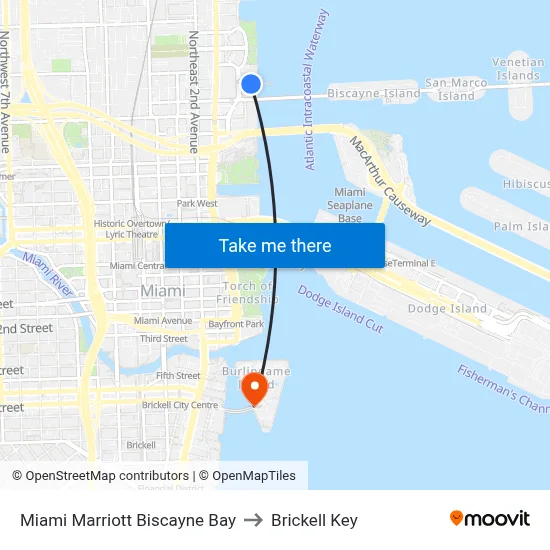 Miami Marriott Biscayne Bay to Brickell Key map