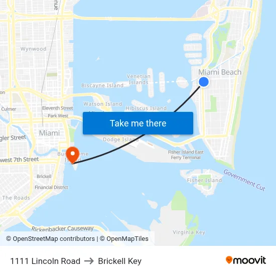 1111 Lincoln Road to Brickell Key map
