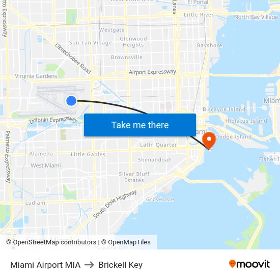 Miami Airport MIA to Brickell Key map