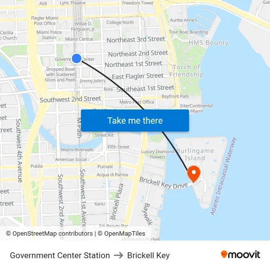 Government Center Station to Brickell Key map