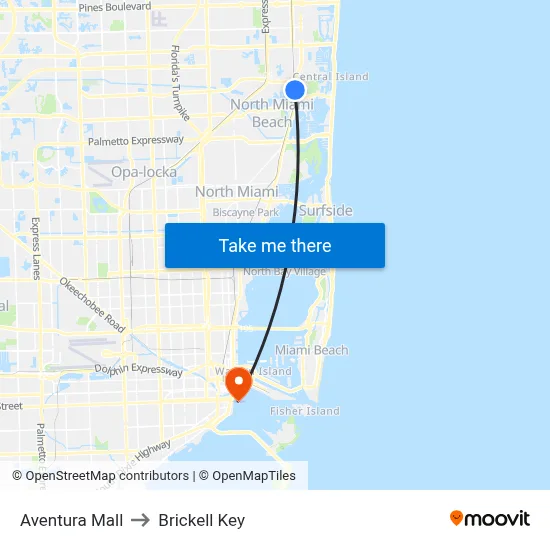 Aventura Mall to Brickell Key map