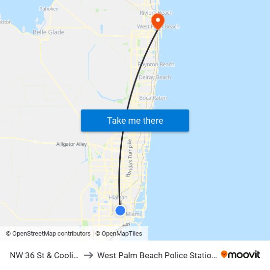 NW 36 St & Coolidge Dr to West Palm Beach Police Station Heliport map