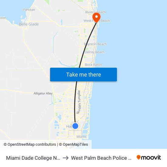 Miami Dade College North Campus to West Palm Beach Police Station Heliport map