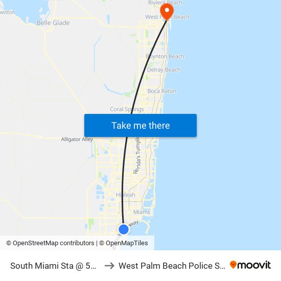 South Miami Sta @ 5949 SW 72 St to West Palm Beach Police Station Heliport map