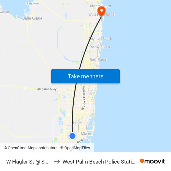 W Flagler St @ SW 72 Av to West Palm Beach Police Station Heliport map