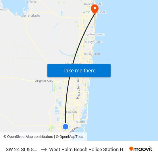 SW 24 St & 87 Av to West Palm Beach Police Station Heliport map