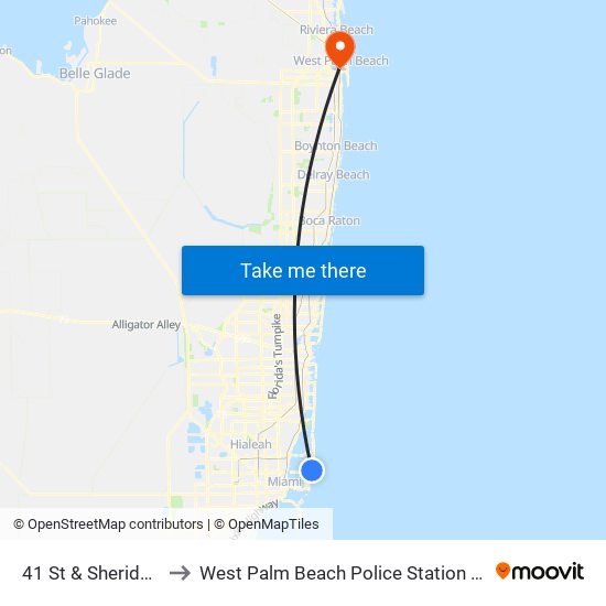41 St & Sheridan Av to West Palm Beach Police Station Heliport map
