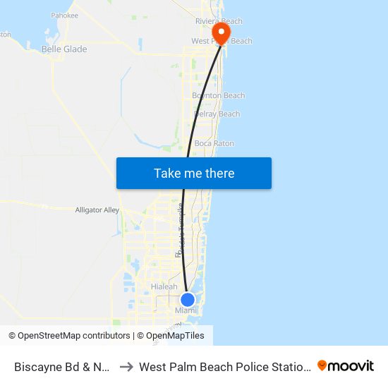 Biscayne Bd & NE 54 St to West Palm Beach Police Station Heliport map