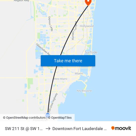 SW 211 St @ SW 107 Av to Downtown Fort Lauderdale Heliport map