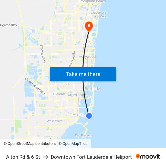 Alton Rd & 6 St to Downtown Fort Lauderdale Heliport map