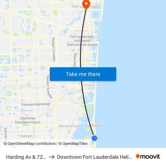 Harding Av & 72 St to Downtown Fort Lauderdale Heliport map