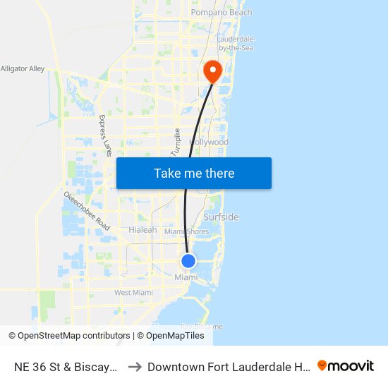 NE 36 St & Biscayne Bd to Downtown Fort Lauderdale Heliport map