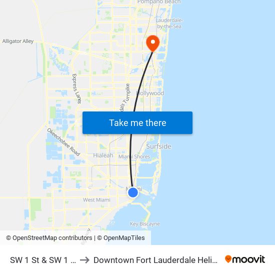 SW 1 St & SW 1 Av to Downtown Fort Lauderdale Heliport map