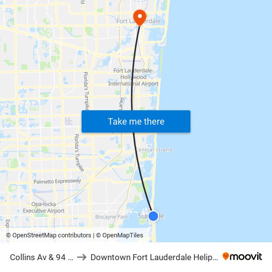 Collins Av & 94 St to Downtown Fort Lauderdale Heliport map