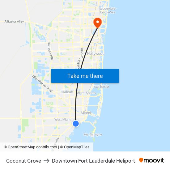 Coconut Grove to Downtown Fort Lauderdale Heliport map