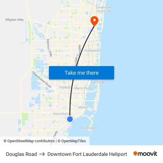 Douglas Road to Downtown Fort Lauderdale Heliport map