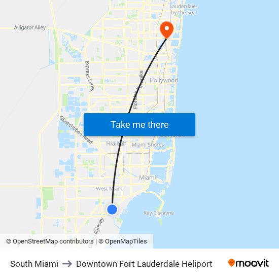 South Miami to Downtown Fort Lauderdale Heliport map