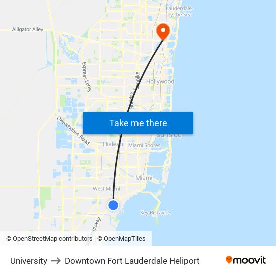 University to Downtown Fort Lauderdale Heliport map