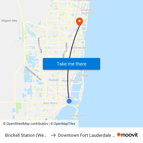 Brickell Station (West Side) to Downtown Fort Lauderdale Heliport map