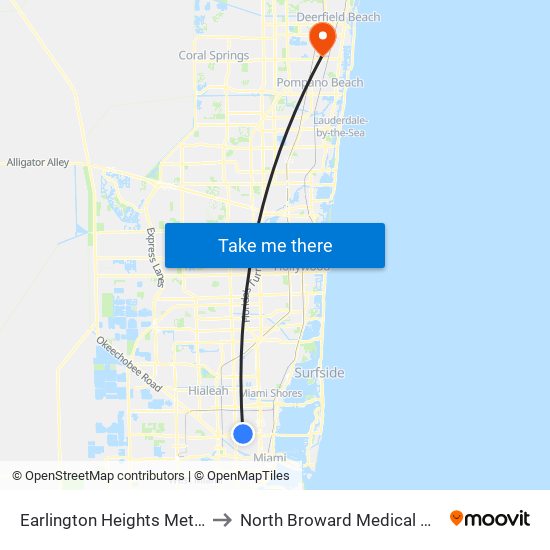Earlington Heights Metrorail Station to North Broward Medical Center Heliport map